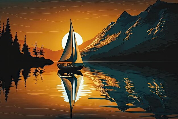 Barca a vela al tramonto sul lago con riflesso del sole nell'acqua creata con l'IA generativa