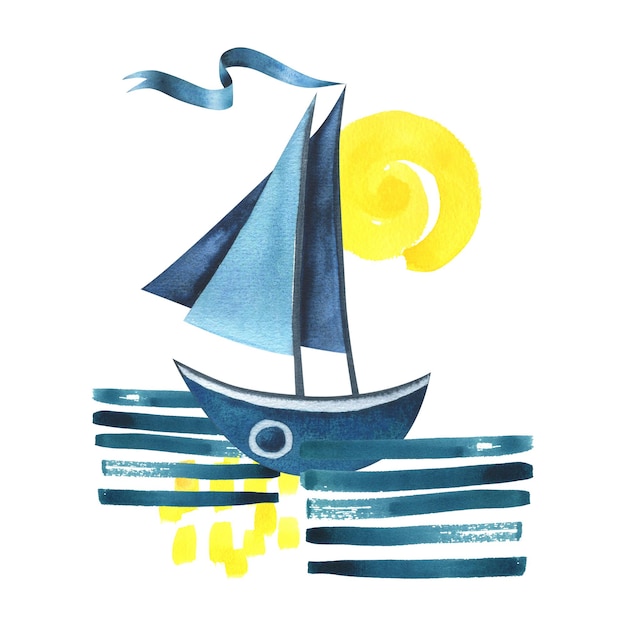 Barca a vela blu con un nastro che galleggia sull'acqua con un sole giallo Illustrazione ad acquerello disegnata a mano in uno stile infantile astratto semplice Composizione isolata su uno sfondo bianco