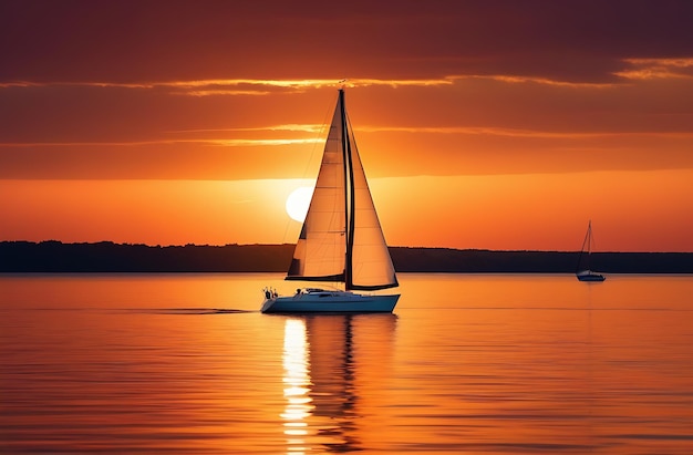 Barca a vela che galleggia nell'acqua al tramonto Sole tramonto Ora serale Luce solare arancione