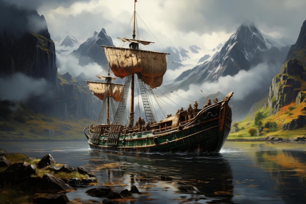 Barca a vela contro un bellissimo dipinto ad olio di paesaggio