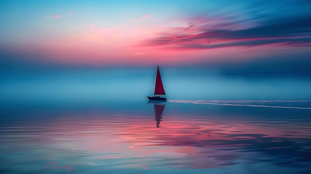 Barca a vela in mare tranquillo al crepuscolo paesaggio pacifico con colori morbidi tema nautico immagine perfetta per il rilassamento AI