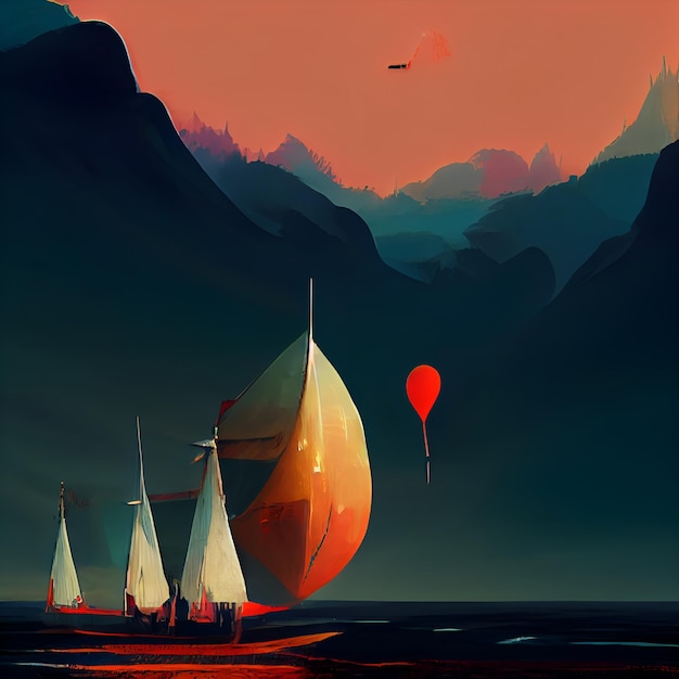 Barca a vela in un fiume n tramonto Paesaggio pittura di paesaggio