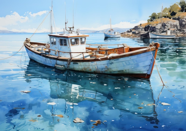 Barca a vela in un poster artistico da parete con acqua di cristallo blu in stile pittorico