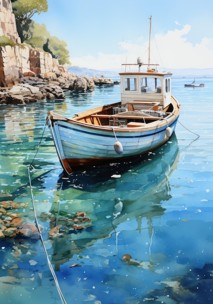 Barca a vela in un poster artistico da parete con acqua di cristallo blu in stile pittorico
