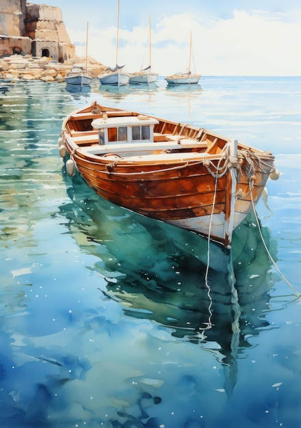 Barca a vela in un poster artistico da parete con acqua di cristallo blu in stile pittorico