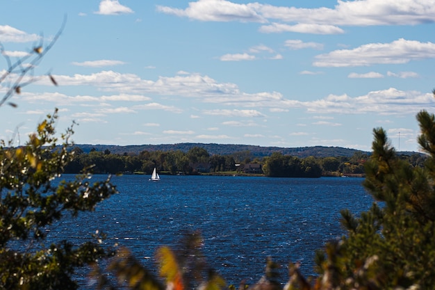 Barca a vela su un grande lago del Minnesota incorniciato da alberi