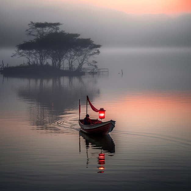 Barca cinese nella carta da parati del paesaggio nuvoloso dell'acqua del lago AI Arte generata