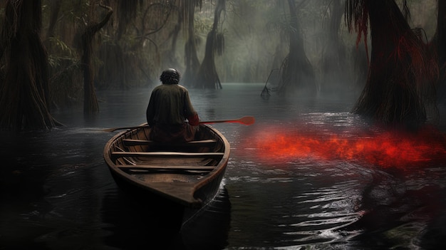 Barca con s barcaiolo che naviga sul lago in una foresta spettrale AI generativa