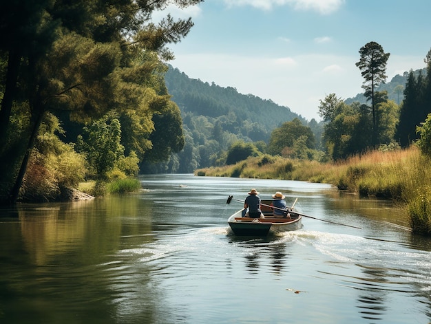 barca con silhouette di pescatore sul fiume tranquillo sullo sfondo dell'alba generato ai