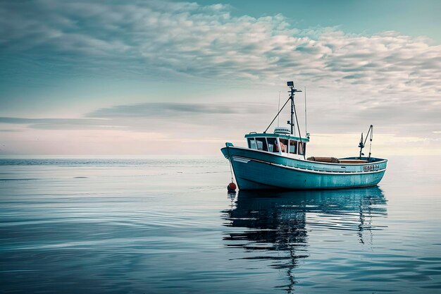 barca da pesca blu su un mare calmo