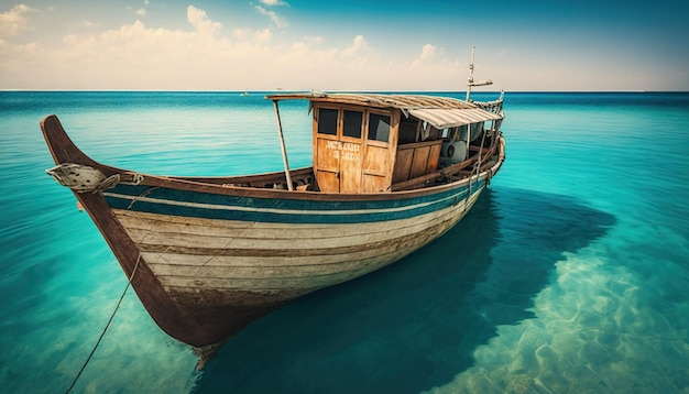 Barca da pesca in legno in acque turchesi paradisiache Paesaggio marino tropicale con barca IA generativa