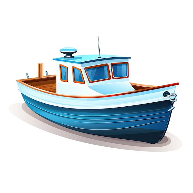Barca da pesca isolata su sfondo bianco Illustrazione vettoriale in stile cartone animato
