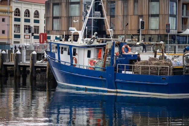 Barca da pesca ormeggiata a una boa in un porto turistico in primavera