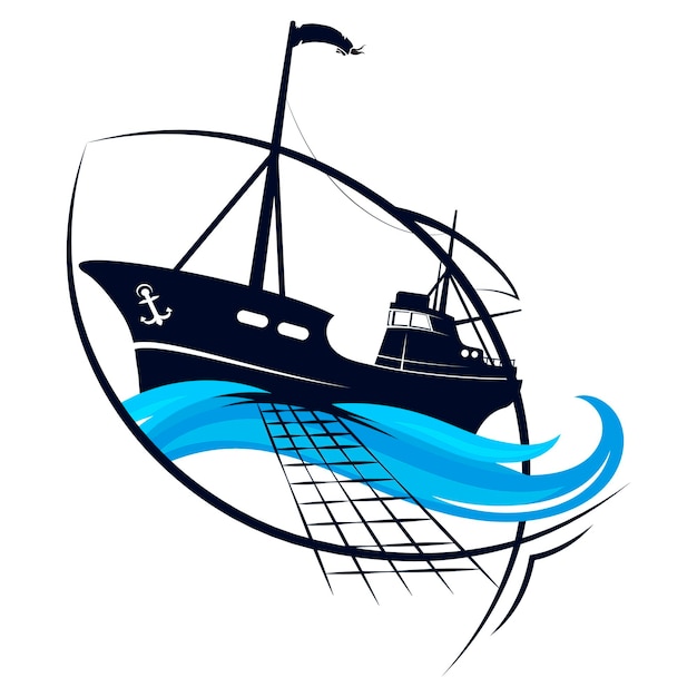 Barca da pesca su un'onda blu con una rete da pesca