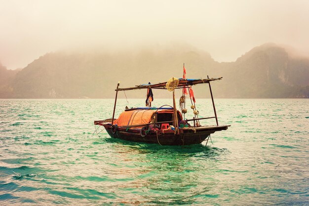 Barca da pesca sulla baia di Ha Long, Vietnam al tramonto. Isole calcaree sullo sfondo