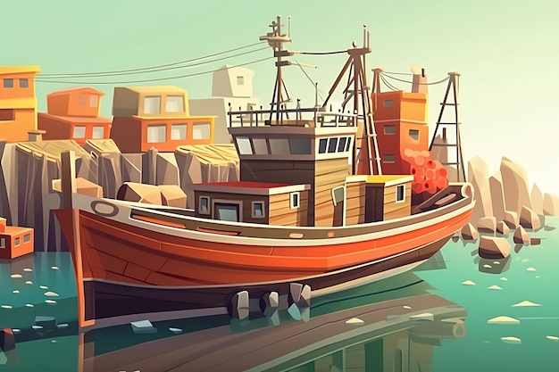 Barca da pesca tradizionale con materiale in legno 3d low poly illustrazione grafica generativa AI
