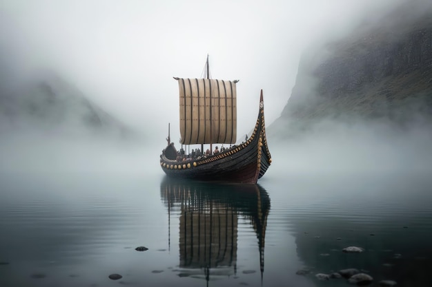 Barca dei vichinghi in una nebbia Generazione AI
