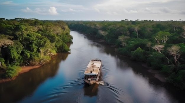 Barca di legno che naviga su un fiume della foresta pluviale tropicale in drone foto generativa ai