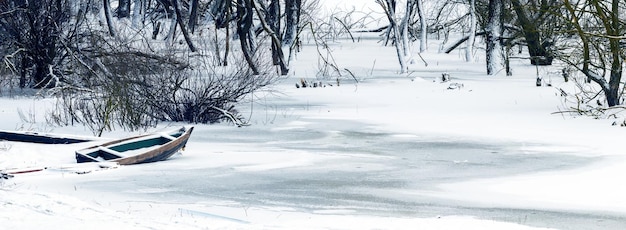 Barca innevata e alberi sul fiume in inverno