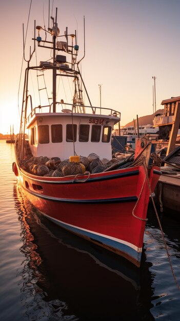 Barca rossa e bianca in acqua al tramonto