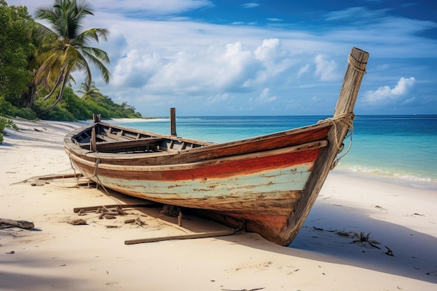 barca seduta in cima a una spiaggia di sabbia