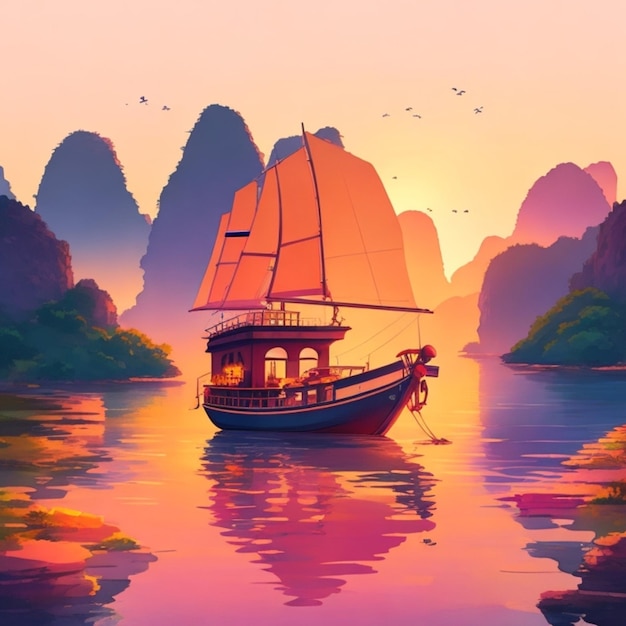 Barca sul fiume Ninh Binh al tramonto illustrazione sfondo luminoso