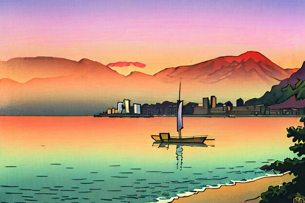 Barca sul lago acquerello pittura a olio carta da parati sfondo paesaggio canottaggio carta da parati