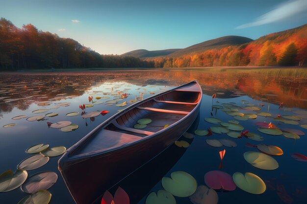 barca sulla riva di un bellissimo lago con vista sulle montagne paesaggio autunnale