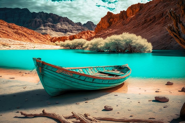 Barca sulla riva sabbiosa del pittoresco lago di montagna turchese