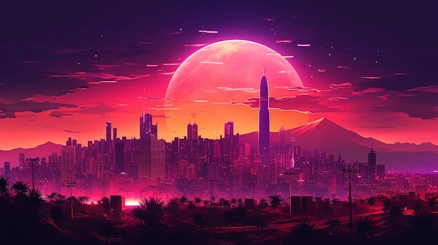 Barcellona Spagna skyline paesaggio Synthwave vapor wallpaper AI generativa