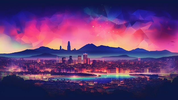 Barcellona Spagna skyline paesaggio Synthwave vapor wallpaper AI generativa