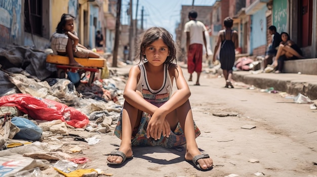 BARCELONA VENEZUELA Ragazza della povera comunità Ciudad de los mochos seduta a piedi nudi in strada