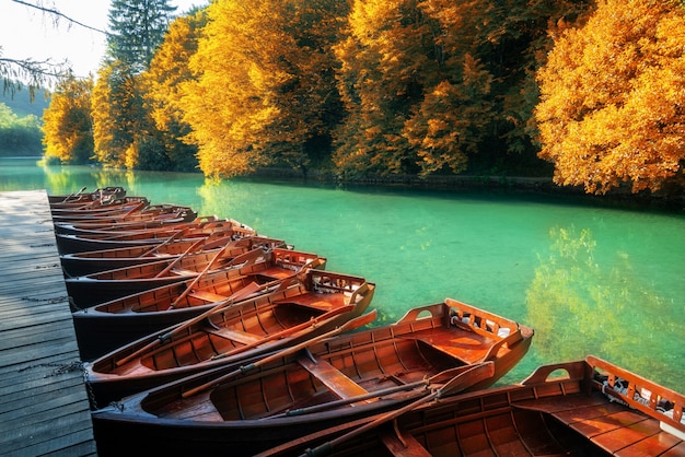 Barche a vela che parcheggiano nei laghi di Plitvice