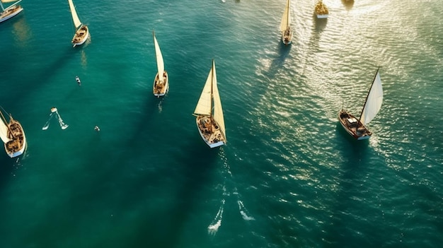 Barche a vela in acqua con il sole che splende su di loro