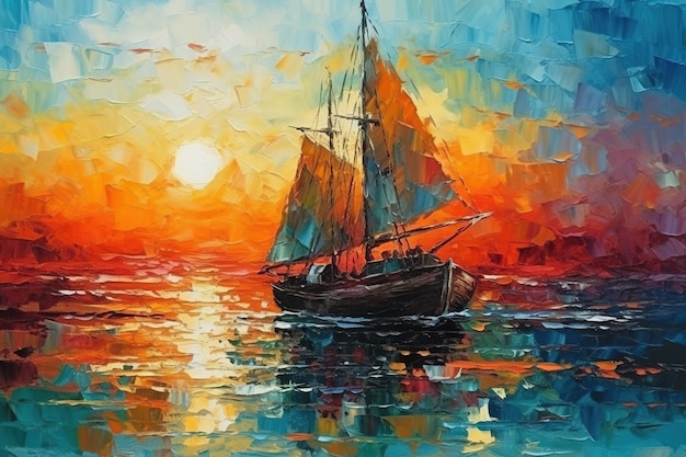 Barche a vela sul mare Pittura a olio d'arte moderna Paesaggio marino nello stile dell'impressionismo Immagine generativa AI