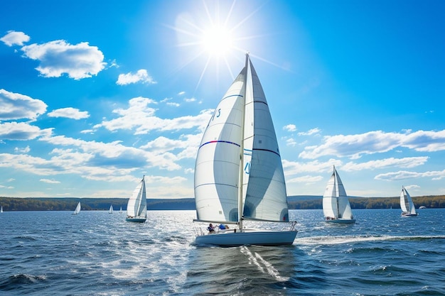 barche a vela sull'acqua con il sole e lo sfondo del cielo blu