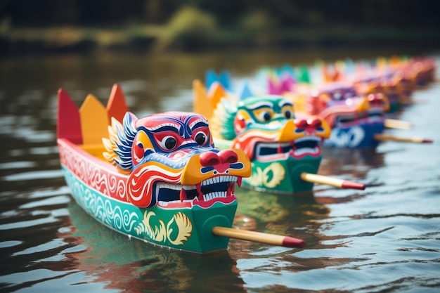 Barche colorate di draghi che remano su un lago per il tempo libero e la ricreazione sull'acqua