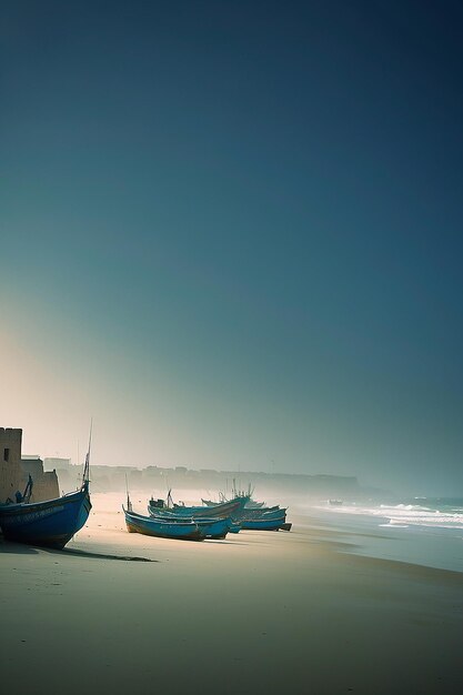 Barche da pesca blu su una costa oceanica a Essaouira, in Marocco