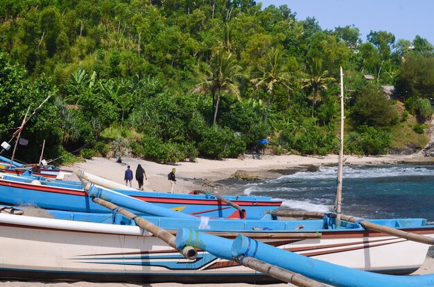 Barche da pesca con reti per catturare il pesce sul bordo della spiaggia di Siung Yogyakarta Indonesia