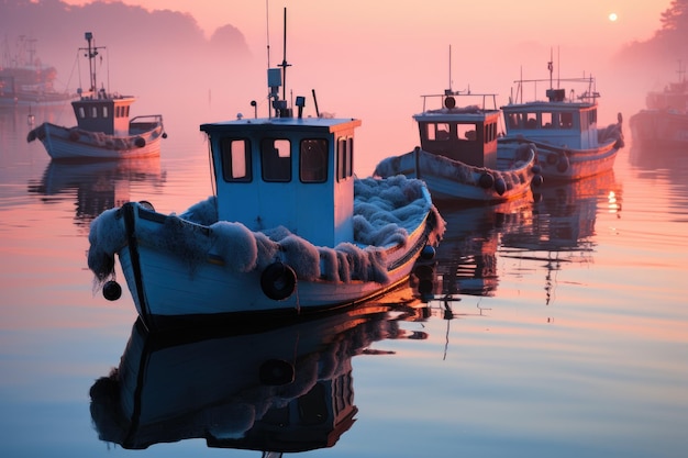 Barche da pesca in partenza nella serena mattinata generativa IA