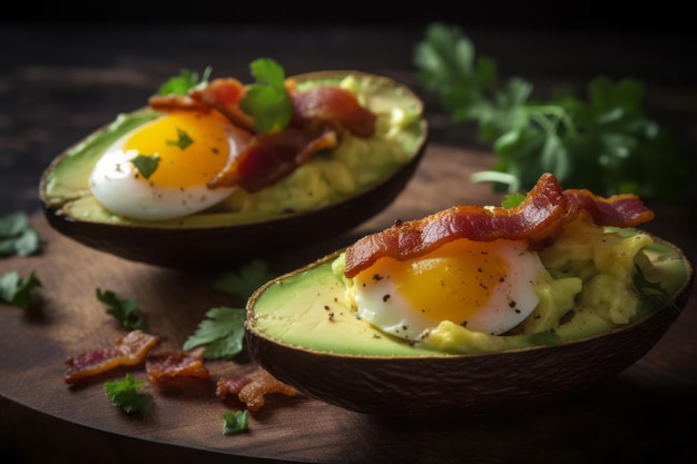 Barche di avocado con uova e pancetta Brunch sano piatto delizioso gourmet Generare ai