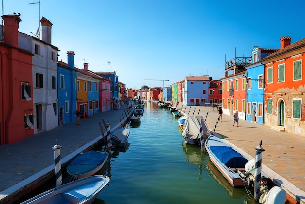 Barche e case colorate in estate Burano, Italia