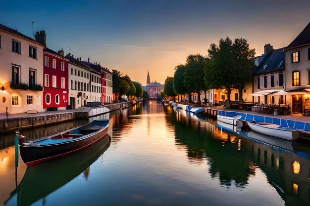 barche su un canale al tramonto con un edificio rosso sullo sfondo.