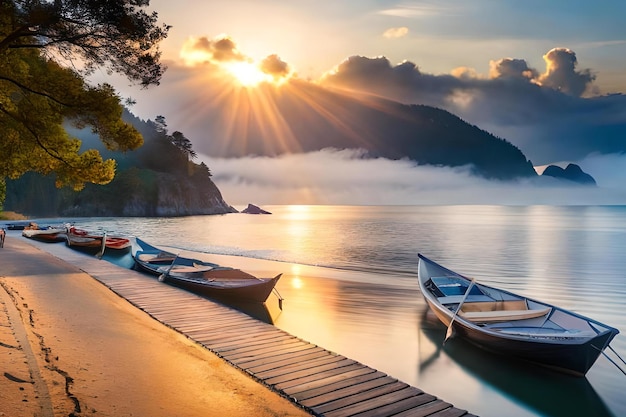 Barche su un lago con il sole che splende attraverso le nuvole