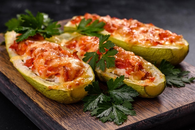 Barchette di zucchine ripiene al forno con funghi di pollo tritati e verdure con formaggio