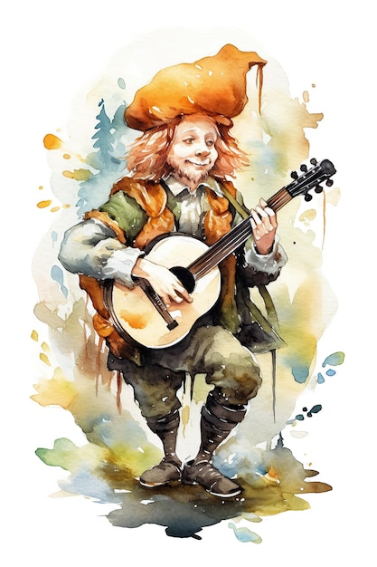 Bard musicista acquerello clipart carino isolato su sfondo bianco con intelligenza artificiale generativa