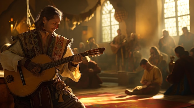 Bard suona la chitarra per intrattenere il pubblico in una tradizionale sala medievale adornata con dettagli intricati