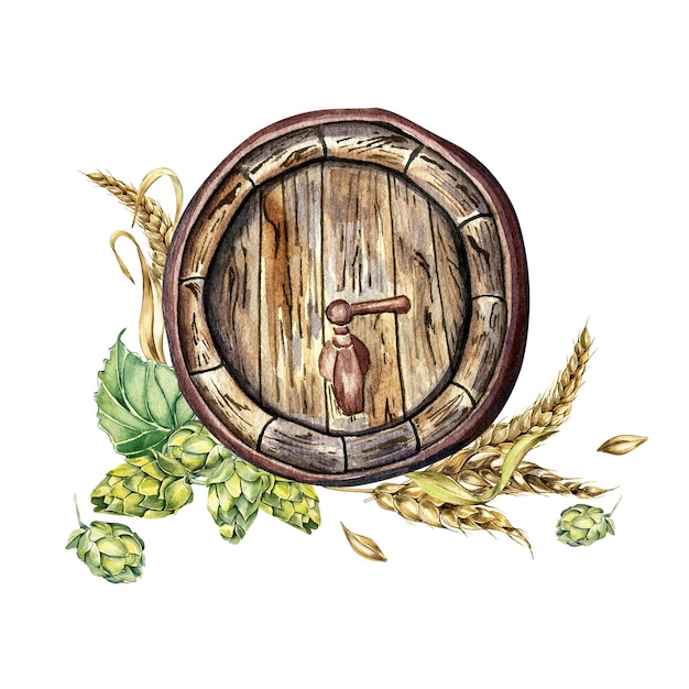 Barile di birra in legno e illustrazione dell'acquerello dell'orecchio del grano della vite del luppolo isolata su bianco