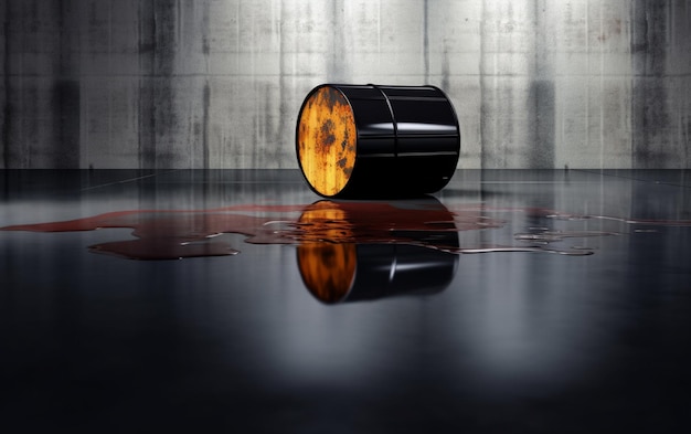 Barile di petrolio in uno spazio buio con sfondo muro di cemento e pavimento in cemento riflettente