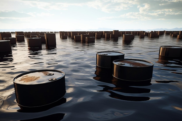 Barili di petrolio che galleggiano in un mare di petrolio greggio nero concetto ambientale